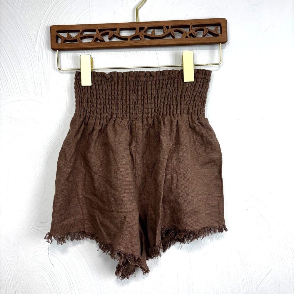 Better/Together Shorts Paperbag Casual Brown Pull On Solid Elastic Fringe Linen